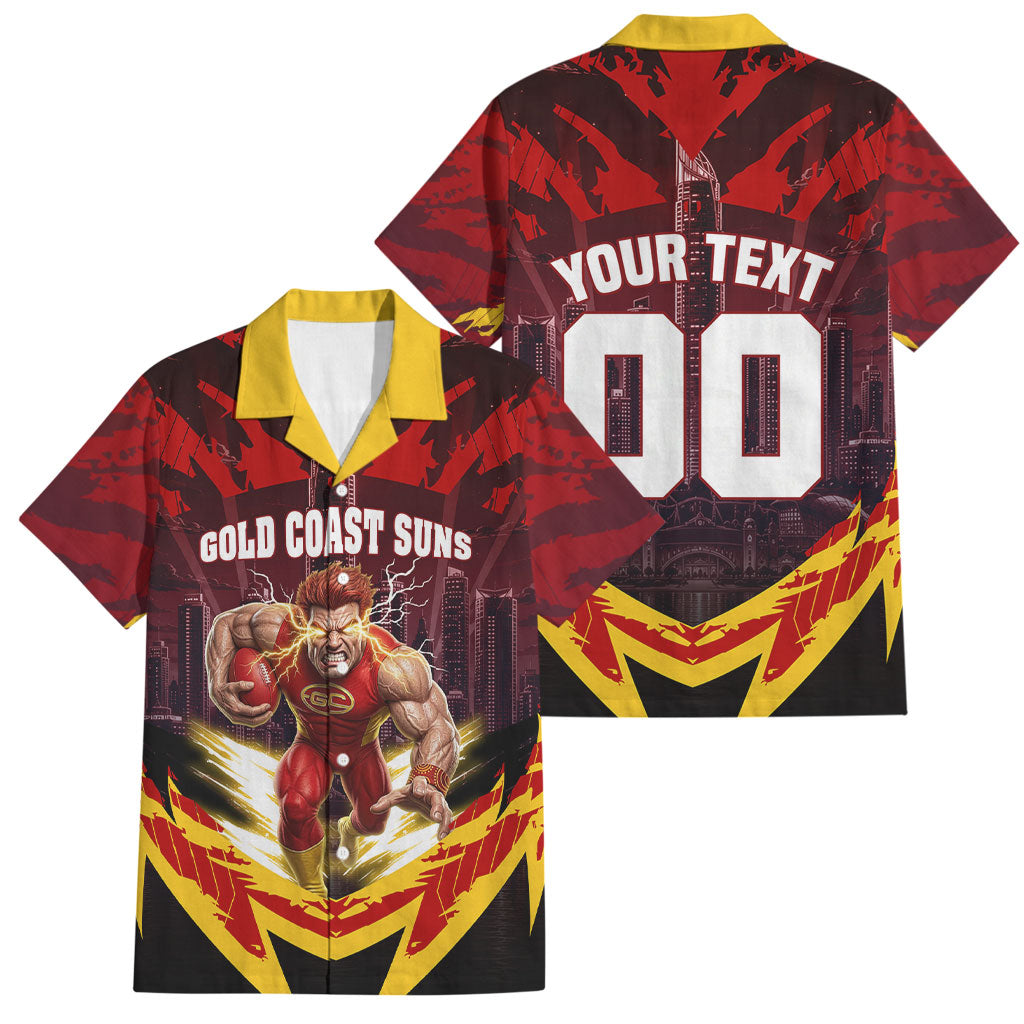 Personalised Gold Coast Suns Football Family Matching Tank Maxi Dress and Hawaiian Shirt Electric Red Flame Mascot Charging Cityscape