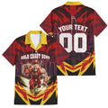 Personalised Gold Coast Suns Football Family Matching Tank Maxi Dress and Hawaiian Shirt Electric Red Flame Mascot Charging Cityscape