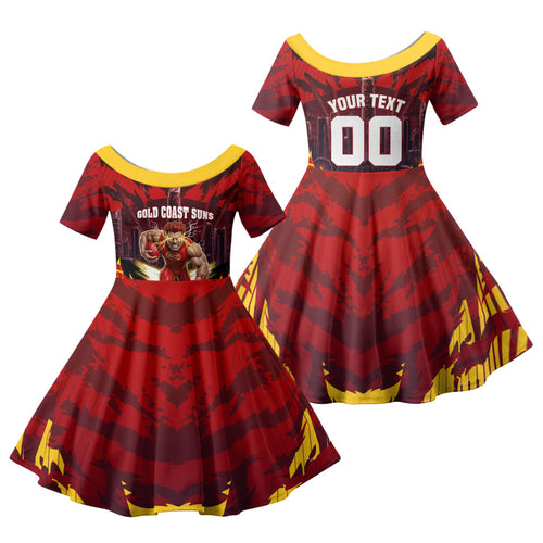 Personalised Gold Coast Suns Football Family Matching Tank Maxi Dress and Hawaiian Shirt Electric Red Flame Mascot Charging Cityscape