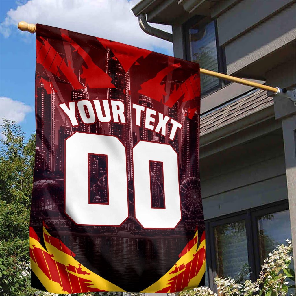 Personalised Gold Coast Suns Football Garden Flag Electric Red Flame Mascot Charging Cityscape