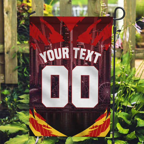 Personalised Gold Coast Suns Football Garden Flag Electric Red Flame Mascot Charging Cityscape