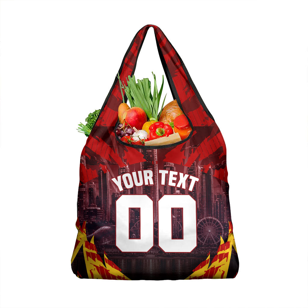Personalised Gold Coast Suns Football Grocery Bag Electric Red Flame Mascot Charging Cityscape
