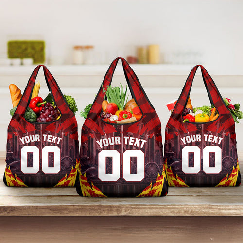 Personalised Gold Coast Suns Football Grocery Bag Electric Red Flame Mascot Charging Cityscape