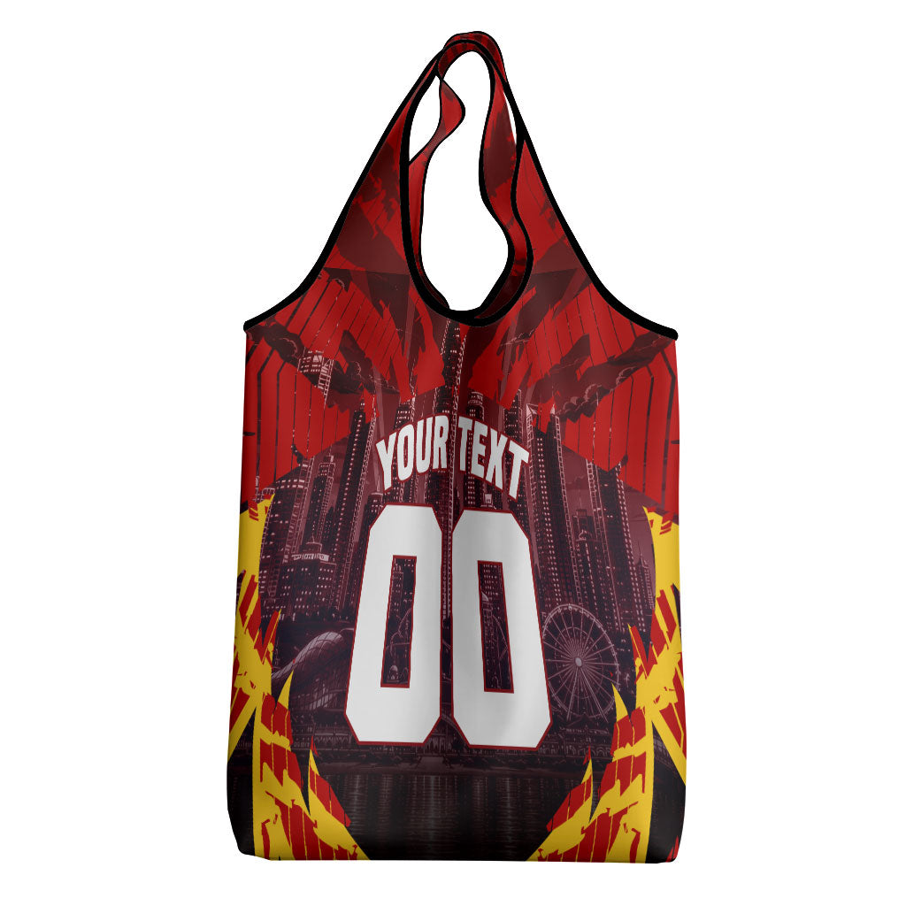Personalised Gold Coast Suns Football Grocery Bag Electric Red Flame Mascot Charging Cityscape