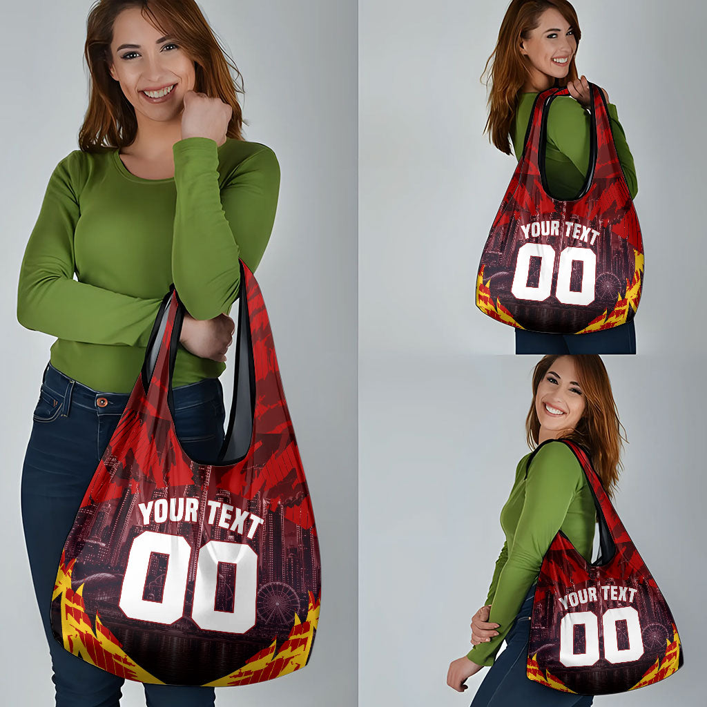 Personalised Gold Coast Suns Football Grocery Bag Electric Red Flame Mascot Charging Cityscape