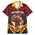 Personalised Gold Coast Suns Football Hawaiian Shirt Electric Red Flame Mascot Charging Cityscape