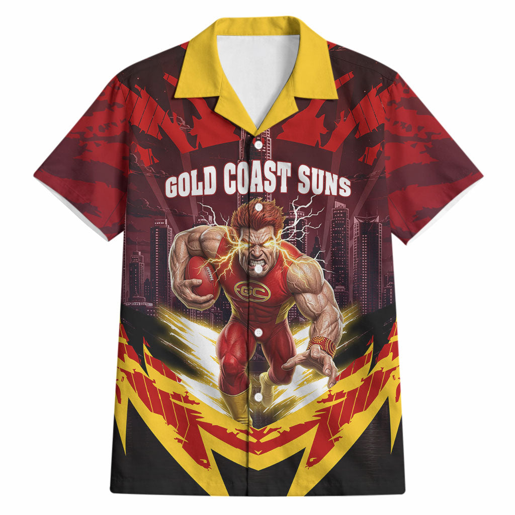 Personalised Gold Coast Suns Football Hawaiian Shirt Electric Red Flame Mascot Charging Cityscape