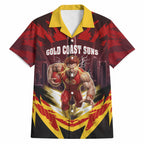 Personalised Gold Coast Suns Football Hawaiian Shirt Electric Red Flame Mascot Charging Cityscape