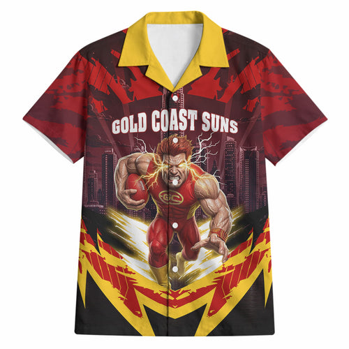 Personalised Gold Coast Suns Football Hawaiian Shirt Electric Red Flame Mascot Charging Cityscape