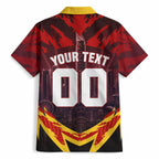 Personalised Gold Coast Suns Football Hawaiian Shirt Electric Red Flame Mascot Charging Cityscape