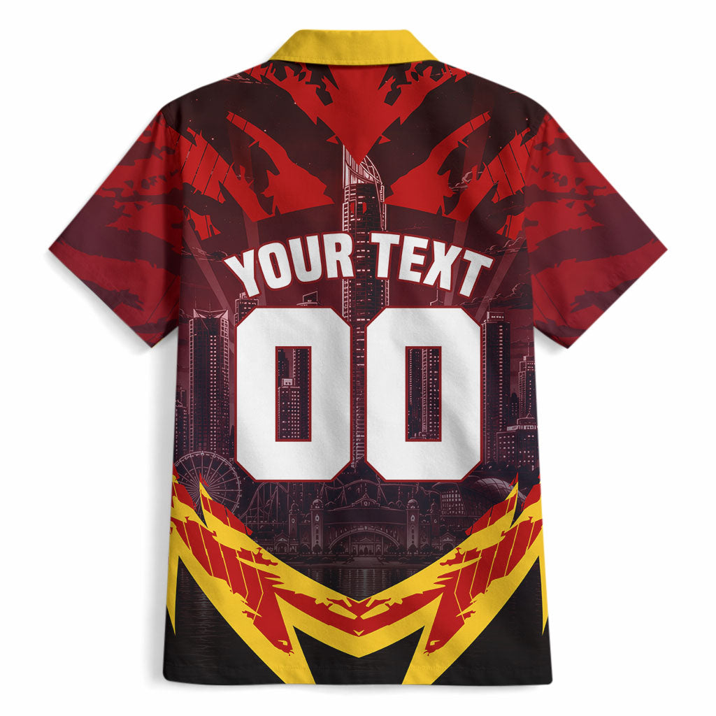 Personalised Gold Coast Suns Football Hawaiian Shirt Electric Red Flame Mascot Charging Cityscape