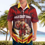 Personalised Gold Coast Suns Football Hawaiian Shirt Electric Red Flame Mascot Charging Cityscape