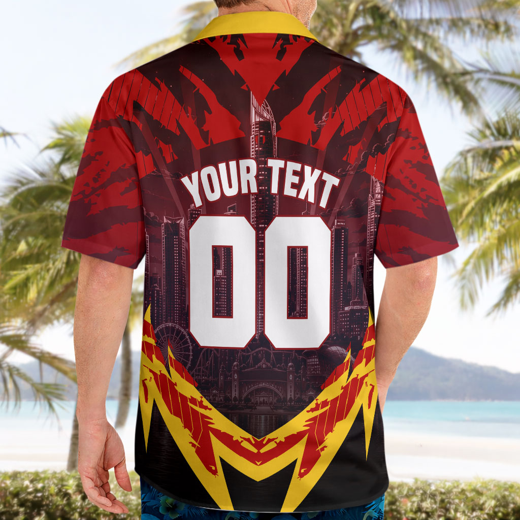 Personalised Gold Coast Suns Football Hawaiian Shirt Electric Red Flame Mascot Charging Cityscape