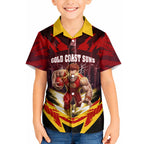 Personalised Gold Coast Suns Football Hawaiian Shirt Electric Red Flame Mascot Charging Cityscape