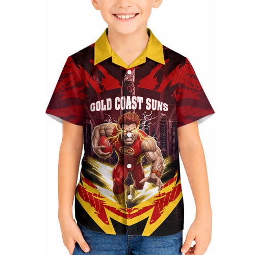 Personalised Gold Coast Suns Football Hawaiian Shirt Electric Red Flame Mascot Charging Cityscape