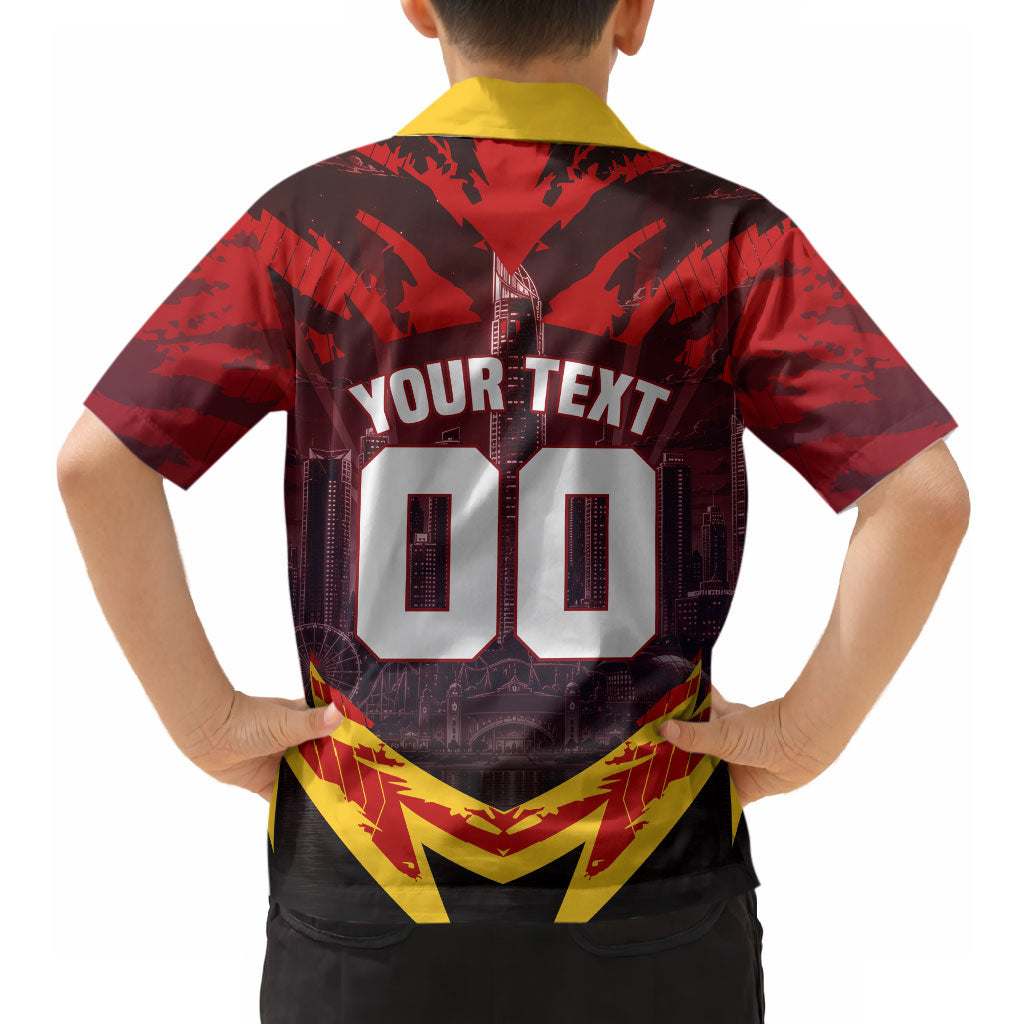 Personalised Gold Coast Suns Football Hawaiian Shirt Electric Red Flame Mascot Charging Cityscape