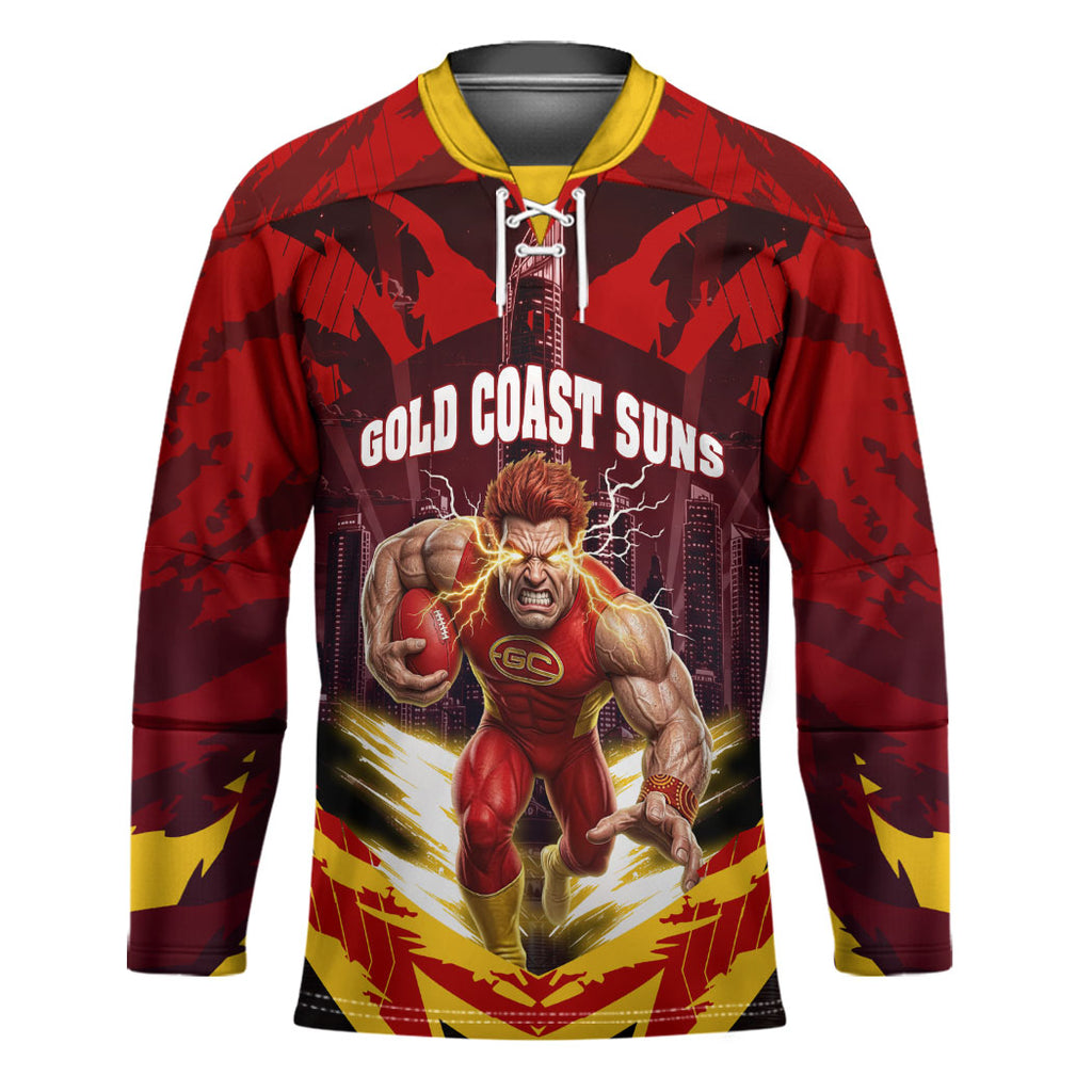 Personalised Gold Coast Suns Football Hockey Jersey Electric Red Flame Mascot Charging Cityscape