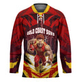 Personalised Gold Coast Suns Football Hockey Jersey Electric Red Flame Mascot Charging Cityscape