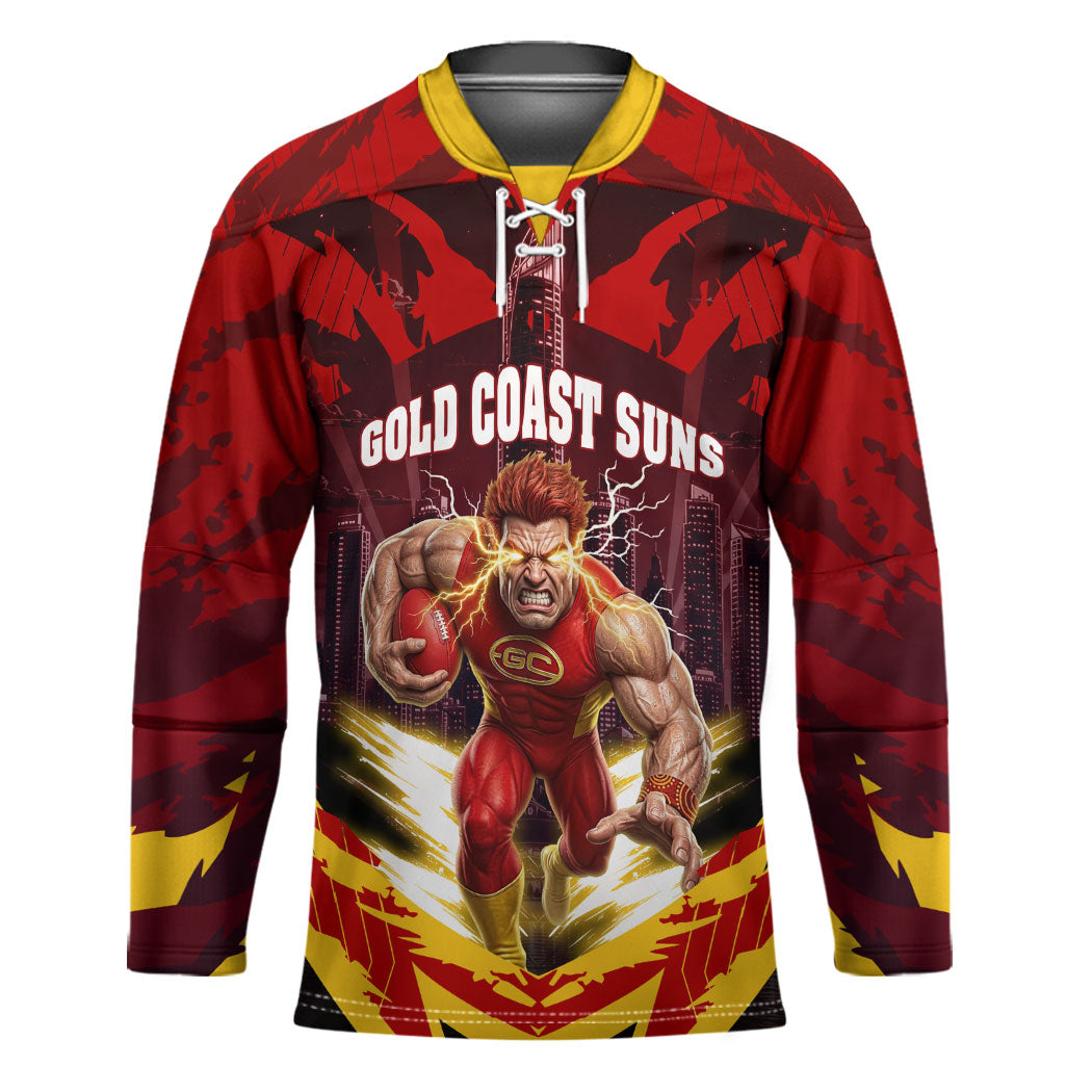Personalised Gold Coast Suns Football Hockey Jersey Electric Red Flame Mascot Charging Cityscape