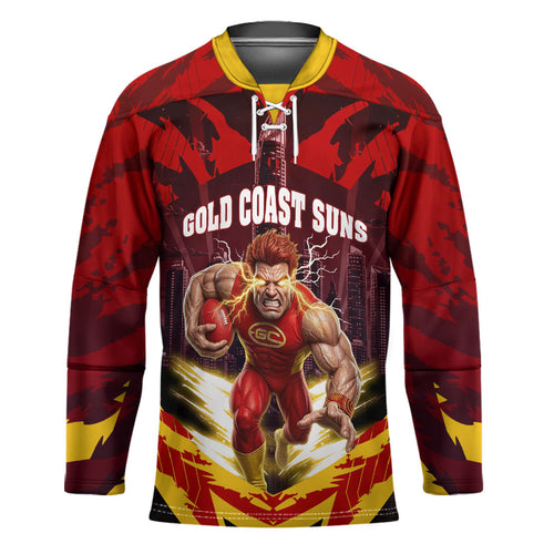 Personalised Gold Coast Suns Football Hockey Jersey Electric Red Flame Mascot Charging Cityscape