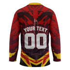Personalised Gold Coast Suns Football Hockey Jersey Electric Red Flame Mascot Charging Cityscape