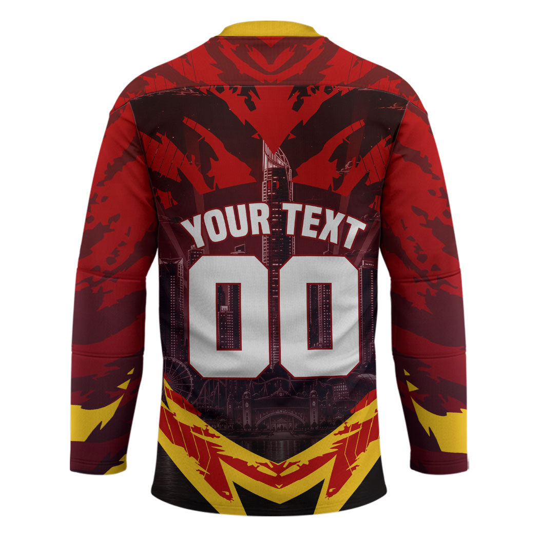 Personalised Gold Coast Suns Football Hockey Jersey Electric Red Flame Mascot Charging Cityscape