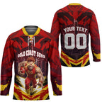 Personalised Gold Coast Suns Football Hockey Jersey Electric Red Flame Mascot Charging Cityscape