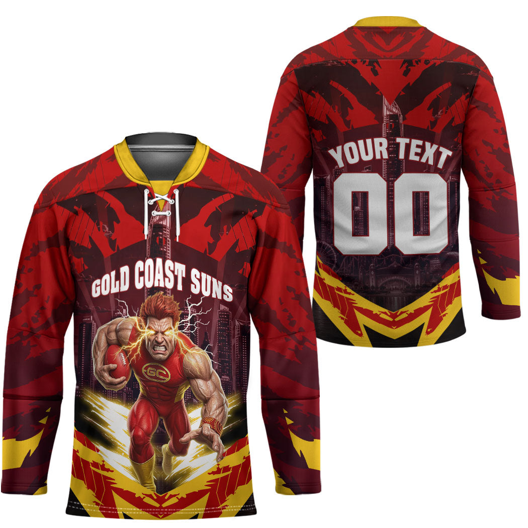 Personalised Gold Coast Suns Football Hockey Jersey Electric Red Flame Mascot Charging Cityscape