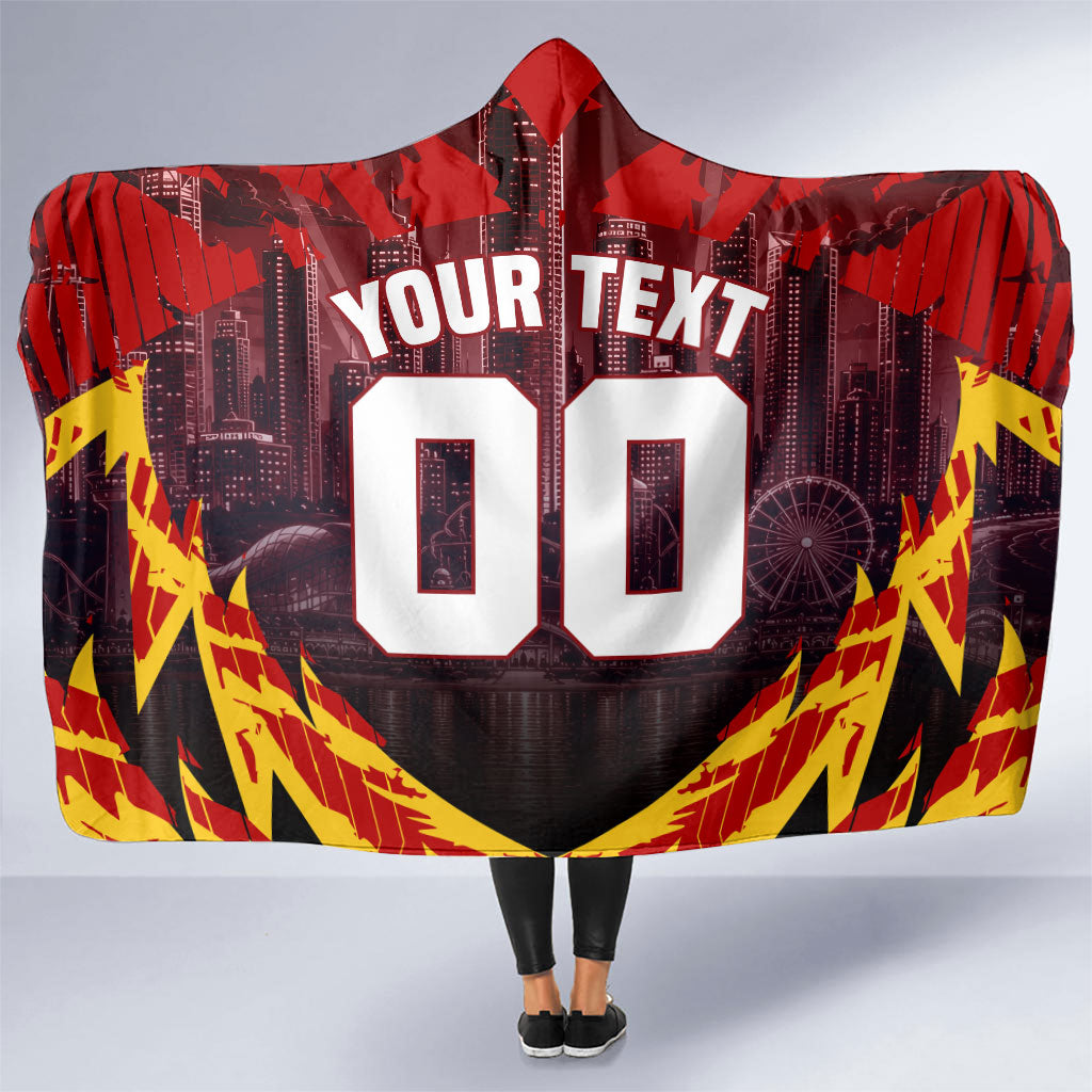 Personalised Gold Coast Suns Football Hooded Blanket Electric Red Flame Mascot Charging Cityscape
