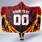 Personalised Gold Coast Suns Football Hooded Blanket Electric Red Flame Mascot Charging Cityscape