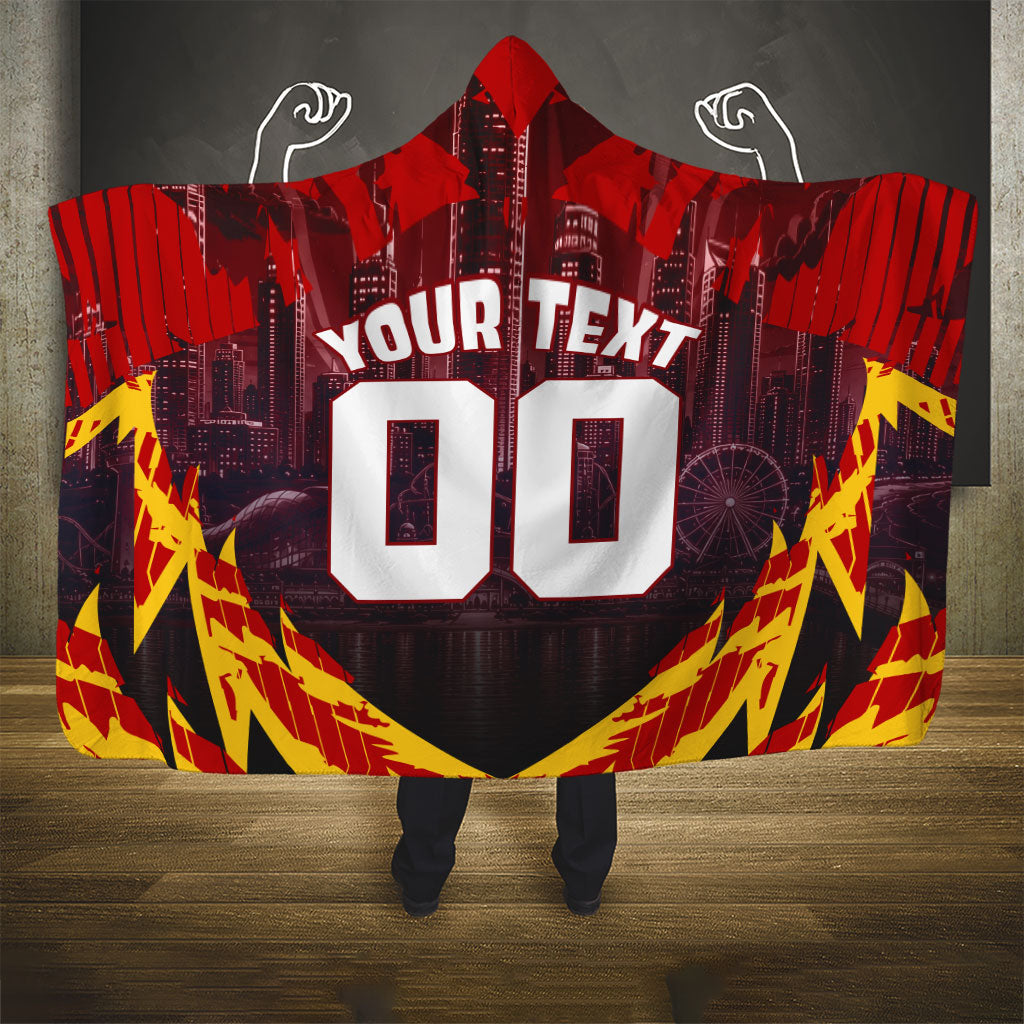 Personalised Gold Coast Suns Football Hooded Blanket Electric Red Flame Mascot Charging Cityscape