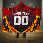 Personalised Gold Coast Suns Football Hooded Blanket Electric Red Flame Mascot Charging Cityscape