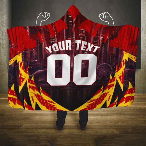 Personalised Gold Coast Suns Football Hooded Blanket Electric Red Flame Mascot Charging Cityscape