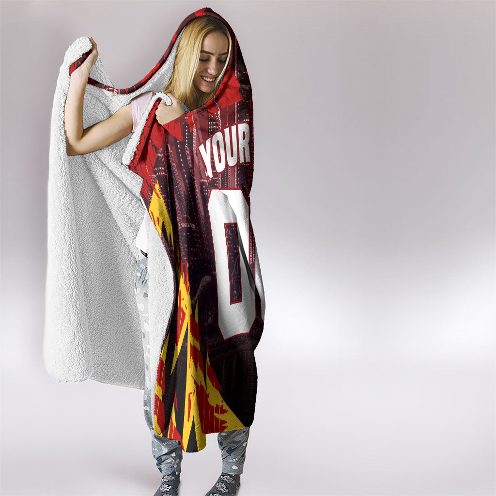 Personalised Gold Coast Suns Football Hooded Blanket Electric Red Flame Mascot Charging Cityscape