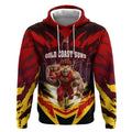 Personalised Gold Coast Suns Football Hoodie Electric Red Flame Mascot Charging Cityscape