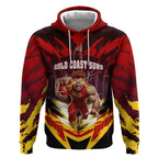 Personalised Gold Coast Suns Football Hoodie Electric Red Flame Mascot Charging Cityscape