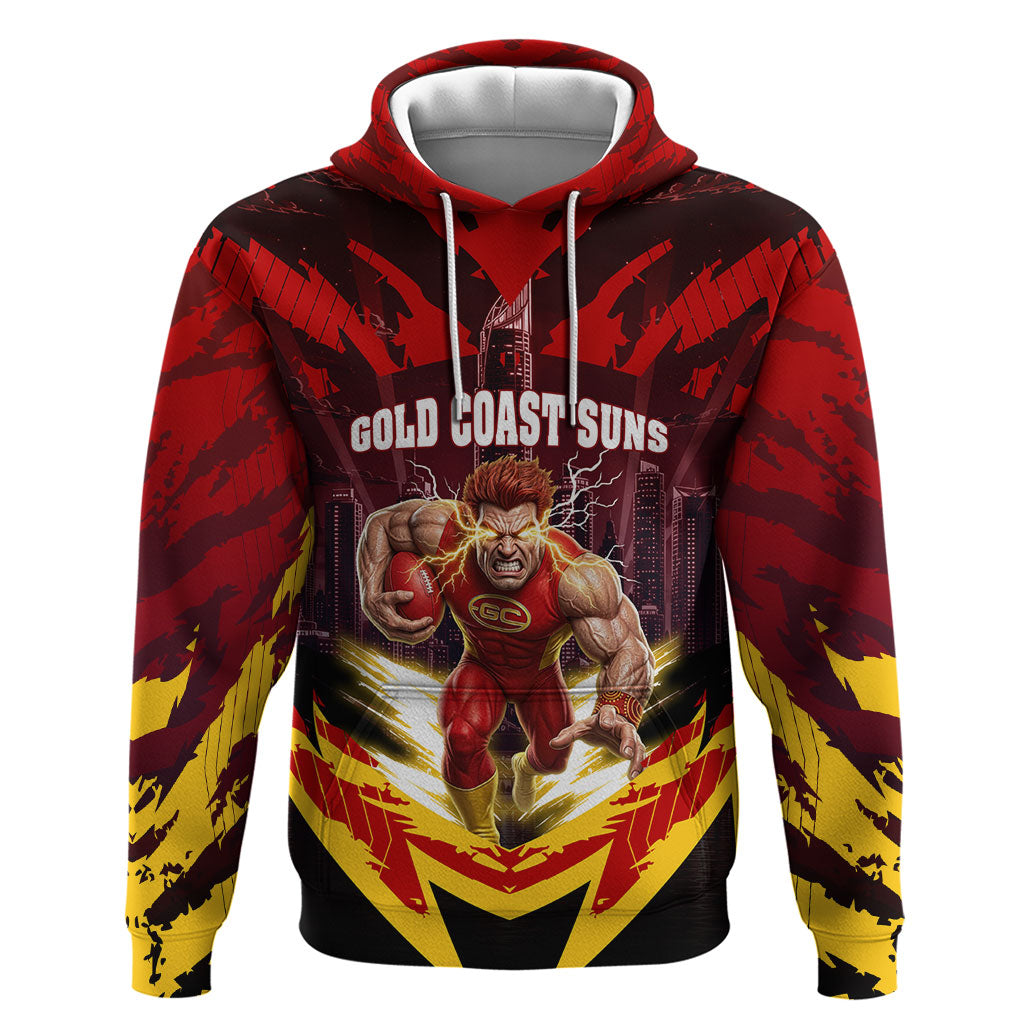 Personalised Gold Coast Suns Football Hoodie Electric Red Flame Mascot Charging Cityscape