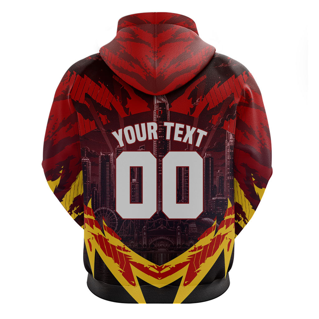 Personalised Gold Coast Suns Football Hoodie Electric Red Flame Mascot Charging Cityscape