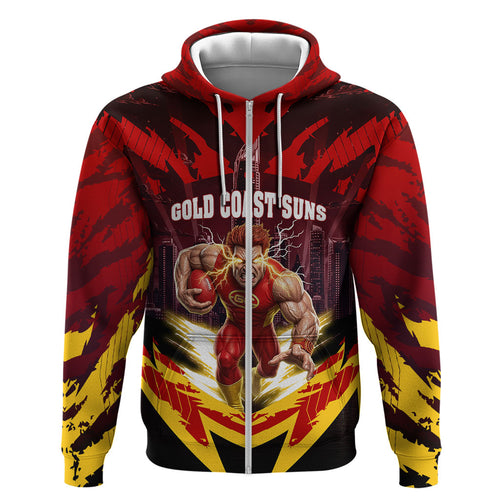 Personalised Gold Coast Suns Football Hoodie Electric Red Flame Mascot Charging Cityscape
