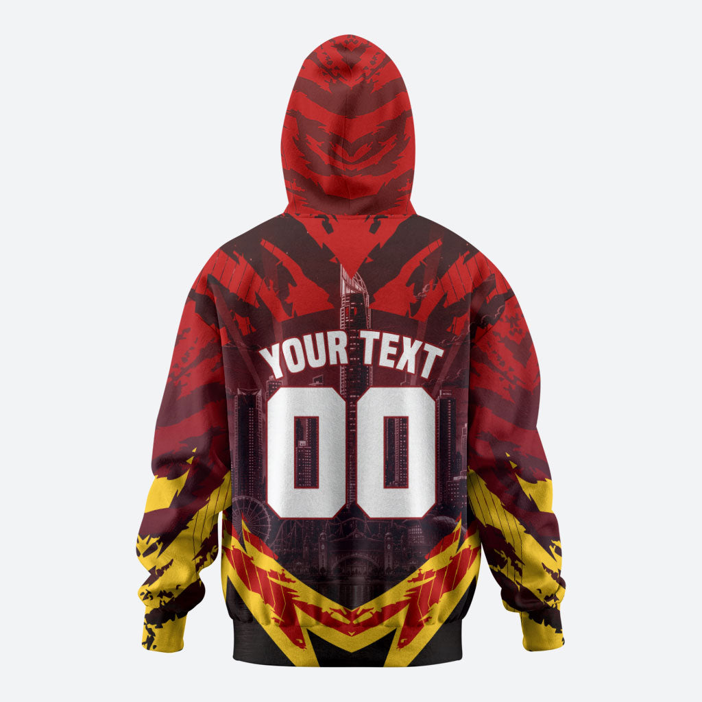 Personalised Gold Coast Suns Football Hoodie Electric Red Flame Mascot Charging Cityscape