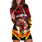Personalised Gold Coast Suns Football Hoodie Dress Electric Red Flame Mascot Charging Cityscape