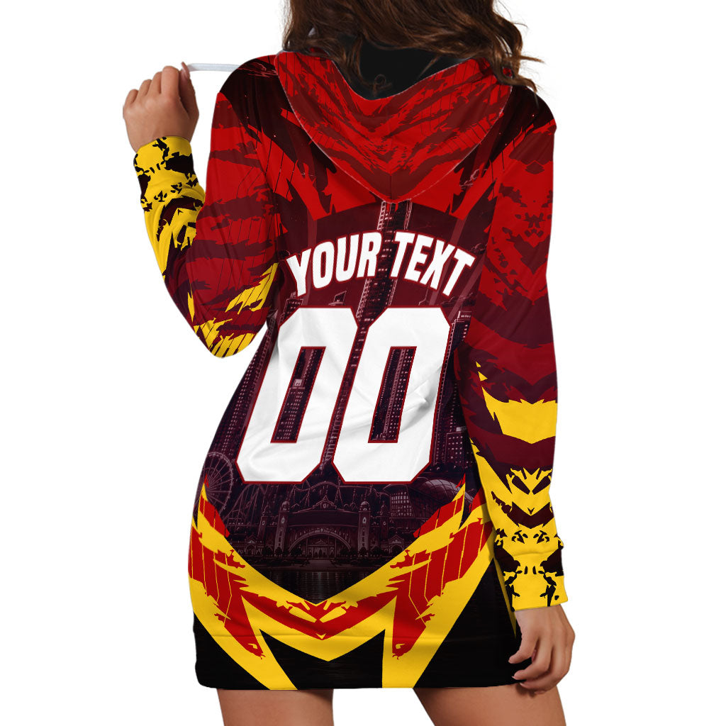 Personalised Gold Coast Suns Football Hoodie Dress Electric Red Flame Mascot Charging Cityscape