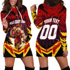Personalised Gold Coast Suns Football Hoodie Dress Electric Red Flame Mascot Charging Cityscape
