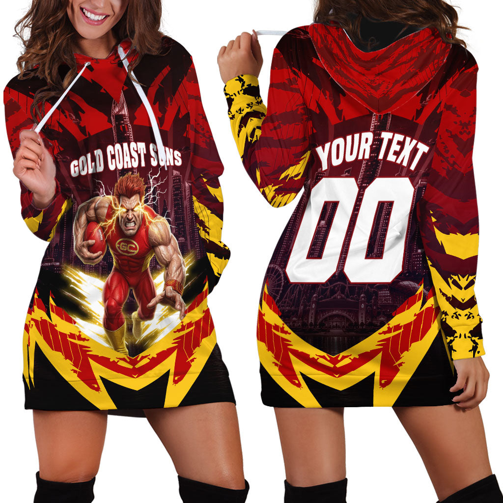 Personalised Gold Coast Suns Football Hoodie Dress Electric Red Flame Mascot Charging Cityscape