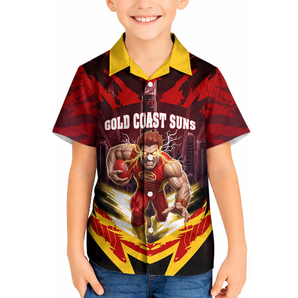 Personalised Gold Coast Suns Football Kid Hawaiian Shirt Electric Red Flame Mascot Charging Cityscape