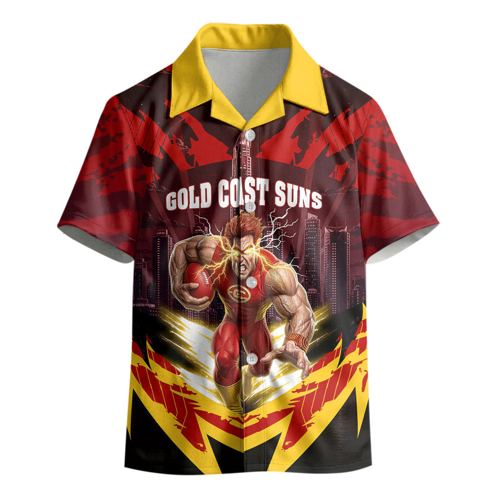 Personalised Gold Coast Suns Football Kid Hawaiian Shirt Electric Red Flame Mascot Charging Cityscape
