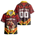 Personalised Gold Coast Suns Football Kid Hawaiian Shirt Electric Red Flame Mascot Charging Cityscape