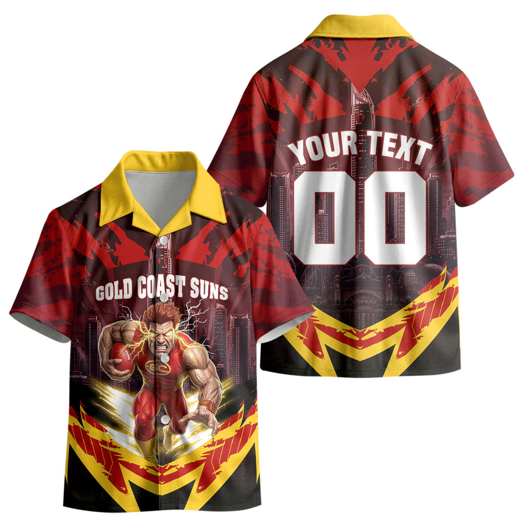 Personalised Gold Coast Suns Football Kid Hawaiian Shirt Electric Red Flame Mascot Charging Cityscape