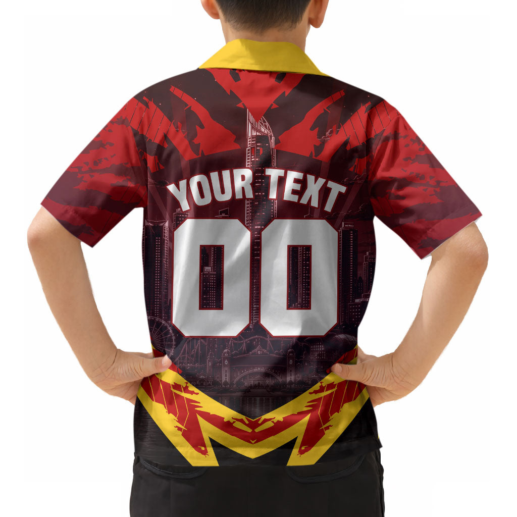 Personalised Gold Coast Suns Football Kid Hawaiian Shirt Electric Red Flame Mascot Charging Cityscape