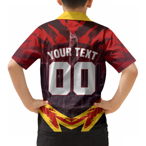 Personalised Gold Coast Suns Football Kid Hawaiian Shirt Electric Red Flame Mascot Charging Cityscape
